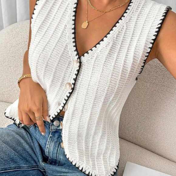 Beige Casual Women's Color Block Edging Vest Style V-Neck Sweater - Picture 4 of 6